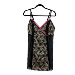 NWT Cacique Babydoll‎ Lingerie 2 piece Set 18/20 Black Lace Pink Sheer Sleepwear